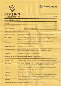 Dầu gió lăn Red Lion Medicated Oil Yellow Agimexpharm ấm da vùng xoa, sử dụng massage hỗ trợ thư giãn (24ml)