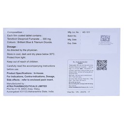 Thuốc Tenifo Atra điều trị nhiễm HIV-1, viêm gan B (1 vỉ x 10 viên)