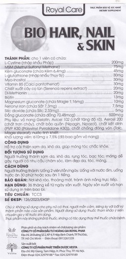 Thực phẩm bảo vệ sức khỏe Royal Care Bio Hair, Nail & Skin hỗ trợ cải thiện sạm da, khô da, móng tóc chắc khoẻ (30 viên)