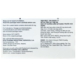 Thuốc Arcoxia 60mg Organon điều trị cấp tính và mãn tính thoái hóa khớp, viêm khớp dạng thấp (3 vỉ x 10 viên)