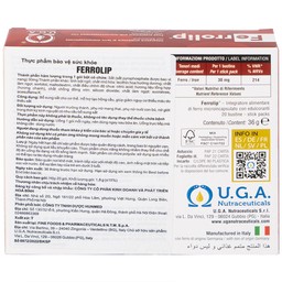 Sắt Ferrolip Uga hỗ trợ tạo hồng cầu, giúp giảm nguy cơ thiếu máu do thiếu sắt (20 gói)