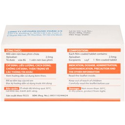 NDP-Apixan 2,5mg Nadyphar phòng ngừa biến cố thuyên tắc huyết khối tĩnh mạch (10 vỉ x 10 viên)