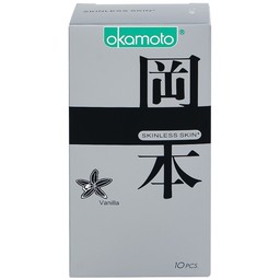 Bao cao su Okamoto Skinless skin Vanilla mềm mại, dẻo dai (10 cái)