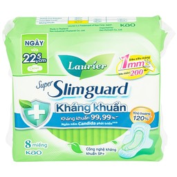 Băng vệ sinh Laurier Super Slimguard Kao kháng khuẩn 99,99%, ngăn nấm Candida (1mm - 8 miếng)