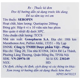 Thuốc Seropin 200mg Genepharm điều trị tâm thần phân liệt, hưng cảm lưỡng cực, trầm cảm lưỡng cực (6 vỉ x 10 viên)