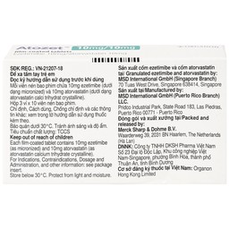 Thuốc Atozet 10mg/10mg MSD điều trị rối loạn mỡ máu, phòng ngừa các bệnh tim mạch (3 vỉ x 10 viên)