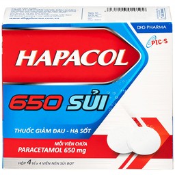 Viên sủi Hapacol 650 DHG điều trị các cơn đau có cường độ nhẹ đến trung bình và sốt (4 vỉ x 4 viên)