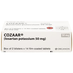 Thuốc Cozaar 50mg Organon điều trị tăng huyết áp và bảo vệ thận từ tổn thương do bệnh tiểu đường (2 vỉ x 14 viên)
