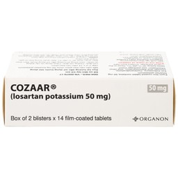 Thuốc Cozaar 50mg Organon điều trị tăng huyết áp và bảo vệ thận từ tổn thương do bệnh tiểu đường (2 vỉ x 14 viên)