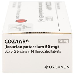 Thuốc Cozaar 50mg Organon điều trị tăng huyết áp và bảo vệ thận từ tổn thương do bệnh tiểu đường (2 vỉ x 14 viên)