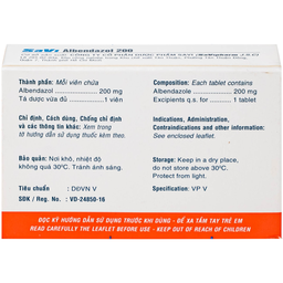 Thuốc SaVi Albendazol 200 điều trị nhiễm ấu trùng sán lợn có tổn thương não (1 vỉ x 2 viên)