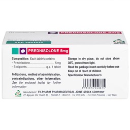 Thuốc Prednisolone 5mg TV.Pharm chống viêm, chống dị ứng và ức chế miễn dịch (10 vỉ x 20 viên)