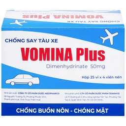 Thuốc Vomina Plus 50mg Medipharco phòng và điều trị triệu chứng buồn nôn, chóng mặt khi say tàu xe (25 vỉ x 4 viên)