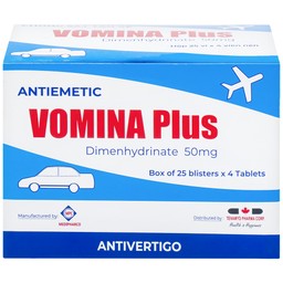 Thuốc Vomina Plus 50mg Medipharco phòng và điều trị triệu chứng buồn nôn, chóng mặt khi say tàu xe (25 vỉ x 4 viên)