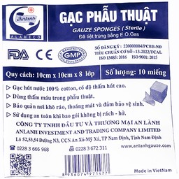 Gạc phẫu thuật An Lành 10x10cm x 8 lớp (10 miếng) dùng thấm máu trong phẫu thuật