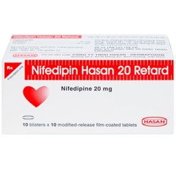Viên nén Nifedipin Hasan 20 Retard Hasan điều trị tăng huyết áp (10 vỉ x 10 viên)
