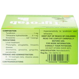 Viên ngậm sát trùng Tyrotab Pharmedic điều trị viêm họng, viêm amidan (10 vỉ x 8 viên)
