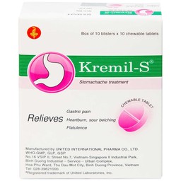 Viên nhai Kremil-S United điều trị đau dạ dày, giảm nóng rát dạ dày, ợ nóng, ợ chua (10 vỉ x 10 viên)