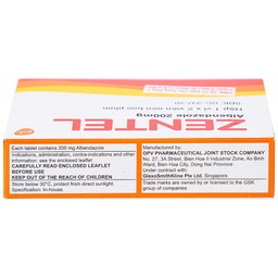 Thuốc Zentel Albendazole 200mg GSK điều trị các loại giun đường ruột nhạy cảm (1 vỉ x 2 viên)