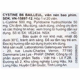 Thuốc Cystine B6 500mg Galeniques Vernin điều trị các bệnh lý liên quan đến tóc và loạn dưỡng móng (20 viên)