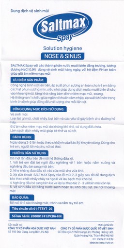 Xịt mũi Saltmax spay 100ml Việt Sinh giúp vệ sinh mũi, giữ ẩm niêm mạc mũi