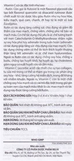 Thuốc Venrutine Reliv điều trị bệnh trĩ, các chứng xuất huyết dưới da, vết bầm máu (3 vỉ x 10 viên)