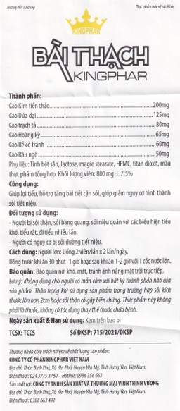 Viên uống Bài Thạch Kingphar lợi tiểu, hỗ trợ giảm nguy cơ viêm đường tiết niệu (60 viên)