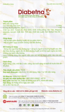 Viên hỗ trợ giảm đường huyết Diabetna Nam Dược (4 vỉ x 10 viên)
