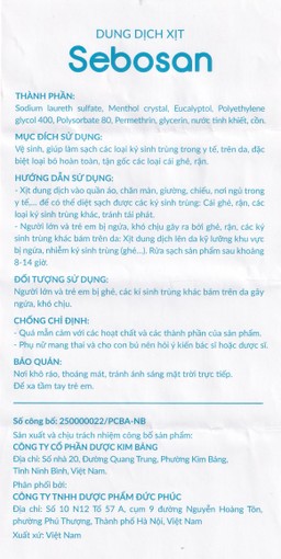 Xịt ngoài da làm sạch ký sinh trùng 100ml Sebosan Đức Phúc 
