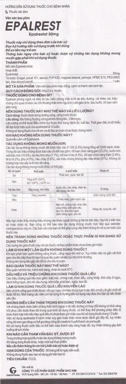 Thuốc Epalrest 50mg SaoKim Pharma phòng và điều trị biến chứng đái tháo đường (2 vỉ x 14 viên)