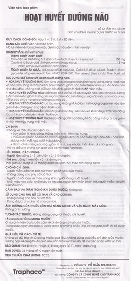 Thuốc Hoạt Huyết Dưỡng Não bao phim Traphaco điều trị suy giảm trí nhớ, căng thẳng thần kinh (2 vỉ x 20 viên)