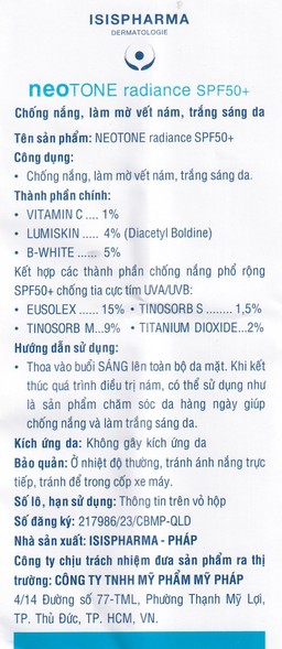 Kem chống nắng Isis Neotone Radiance SPF 50+ hỗ trợ mờ nám, làm trắng da (30ml)