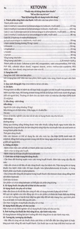 Thuốc Ketovin Vinphaco phòng ngừa và điều trị rối loạn chuyển hóa protein trong suy thận mạn (10 vỉ x 10 viên)