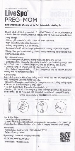Bào tử lợi khuẩn LiveSpo PREG-MOM bổ sung lợi khuẩn đường ruột (20 ống x 5ml)