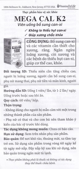 Viên uống Mega-Cal 1000 Vitamins For Life giúp bổ sung canxi, chống loãng xương (60 viên)