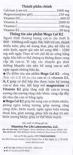 Viên uống Mega-Cal 1000 Vitamins For Life giúp bổ sung canxi, chống loãng xương (60 viên)