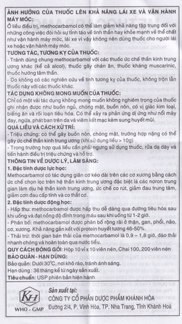 Viên nén Methocarbamol 500mg Khapharco điều trị ngắn hạn cơn đau, co thắt cơ, bong gân (10 vỉ x 10 viên)