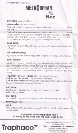 Siro Methorphan Bee Traphaco hỗ trợ giảm ho, giảm đờm, viêm họng (100ml)
