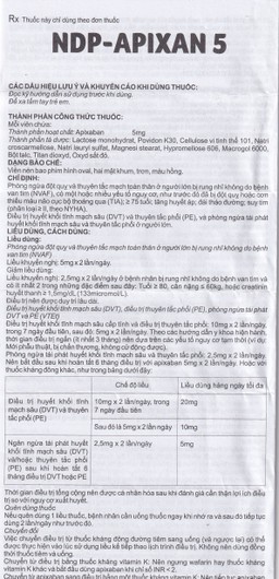 Thuốc NDP-Apixan 5mg Nadyphar hỗ trợ phòng ngừa đột quỵ, tăng huyết áp (2 vỉ x 10 viên)