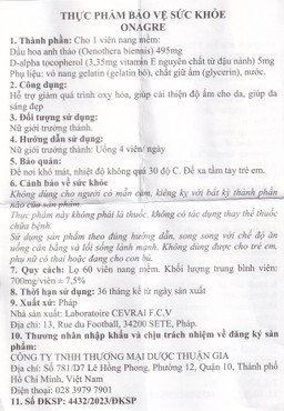 Viên uống giúp da sáng đẹp, giảm quá trình oxy hóa, cải thiện độ ẩm cho da Onagre Cevrai (60 viên)