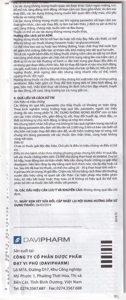 Viên nén Parokey 20mg DaViPharm điều trị trầm cảm, rối loạn ám ảnh cưỡng bức (3 vỉ x 10 viên) 