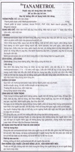Viên nén TanaMetrol 4mg Thành Nam chống viêm và điều trị viêm khớp dạng thấp, lupus ban đỏ (3 vỉ x 10 viên)