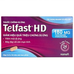 Thuốc chống dị ứng Telfast HD 180mg Sanofi giảm triệu chứng viêm mũi dị ứng, mày đay vô căn mạn tính (3 vỉ x 10 viên)
