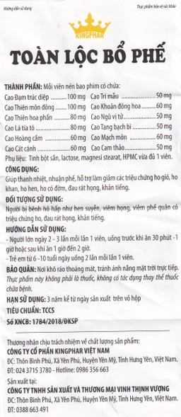 Viên uống Toàn Lộc Bổ Phế Kingphar giúp thanh nhiệt, nhuận phế (60 viên)