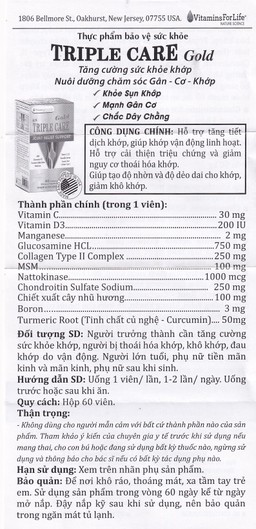 Viên uống giúp tăng tiết dịch khớp, giảm thoái hóa khớp Triple Care Gold Vitamins For Life (60 viên)