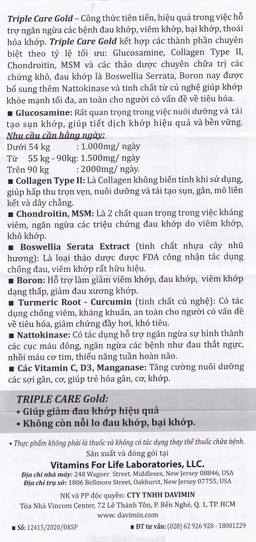 Viên uống giúp tăng tiết dịch khớp, giảm thoái hóa khớp Triple Care Gold Vitamins For Life (60 viên)