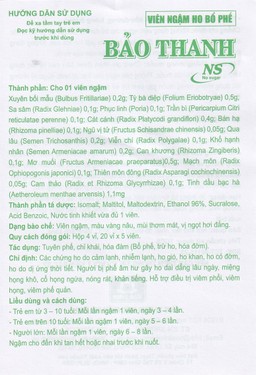 Viên ngậm ho bổ phế Bảo Thanh không đường dùng giảm các chứng ho do cảm lạnh, nhiễm lạnh (20 vỉ x 5 viên)