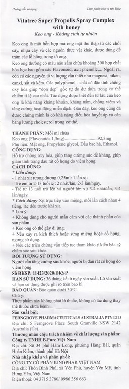 Chai xịt họng hỗ trợ giảm đau rát cổ do viêm họng Vitatree Super Propolis Spray Complex With Honey (30ml)