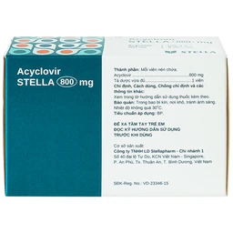 Thuốc Acyclovir Stella 800mg điều trị nhiễm Herpes simplex, Herpes zoster, thủy đậu (7 vỉ x 5 viên)