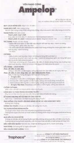 Thuốc Ampelop 625mg Traphaco điều trị viêm loét dạ dày, hành tá tràng (9 vỉ x 10 viên)